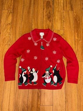 Vintage zip up Christmas sweater with patchwork design, embroidery, and sequins